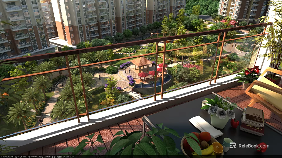 Balcony View Of Lush Residential Garden Landscape With Pavilion Flower Beds And High Rise Buildings 3d model 