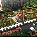 Balcony View Of Lush Residential Garden Landscape With Pavilion Flower Beds And High Rise Buildings
