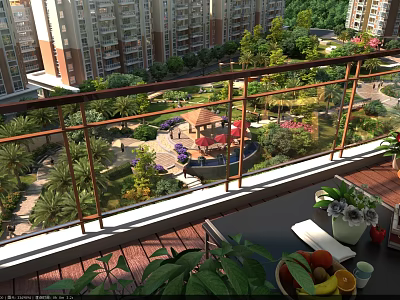 Balcony View Of Lush Residential Garden Landscape With Pavilion Flower Beds And High Rise Buildings 3d model