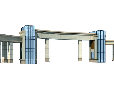 Modern Entrance Gate Design With Glass Curtain Walls And Stone Columns 3d model