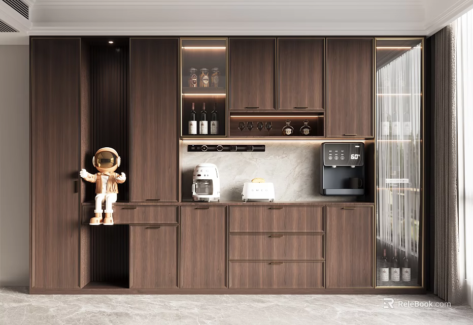 Modern Wooden Sideboard With Coffee Machine Toaster Wine Bottles And Astronaut Decor 3d model 