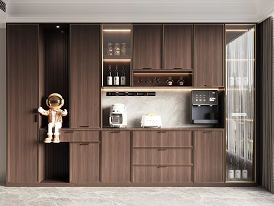 Modern Wooden Sideboard With Coffee Machine Toaster Wine Bottles And Astronaut Decor 3d model