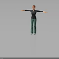 Red Haired Person In Black Top And Green Pants With Arms Outstretched On Gray Background