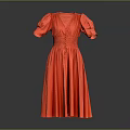 Elegant Red Women's Dress With Puffed Sleeves V Neck And Flowy Skirt