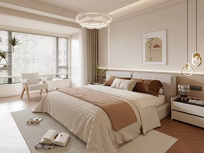 Cozy Modern Bedroom Interior Design With Chandelier Wall Art Wooden Floor And Bed Rug 3d model
