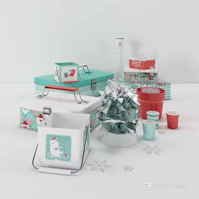 Christmas Themed Decorative Ornament Set With Snowflake Patterned Boxes Potted Plant And Colorful Cups 3d model 