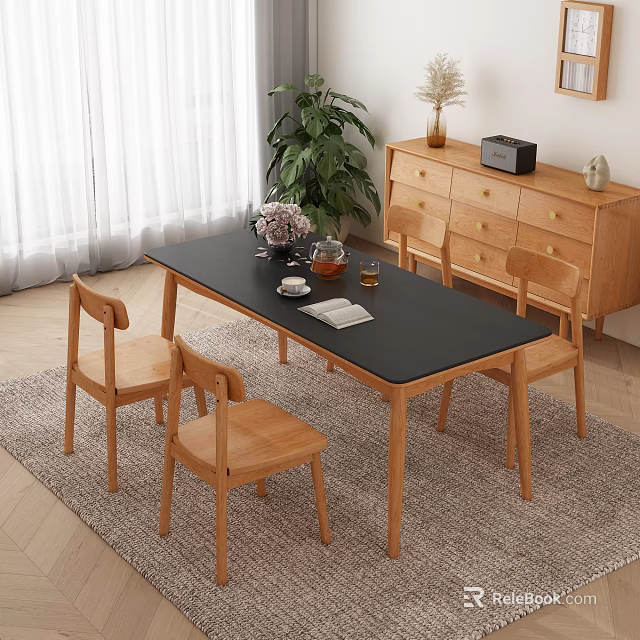 Modern Dining Table Set With Black Top And Wooden Chairs In Home Interior 3d model 