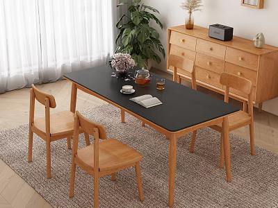 Modern Dining Table Set With Black Top And Wooden Chairs In Home Interior 3d model