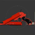 Red Toy Gun With Black Grip And Silver Cylinder Accessory On Dark Surface