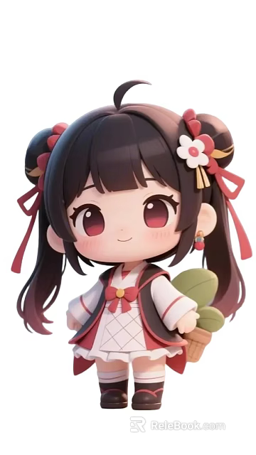 Cute Game Anime Character In Traditional Outfit With Twin Ponytails Red Bows And White Flowers 3d model 