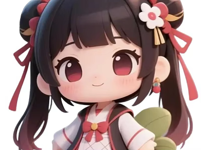 Cute Game Anime Character In Traditional Outfit With Twin Ponytails Red Bows And White Flowers 3d model