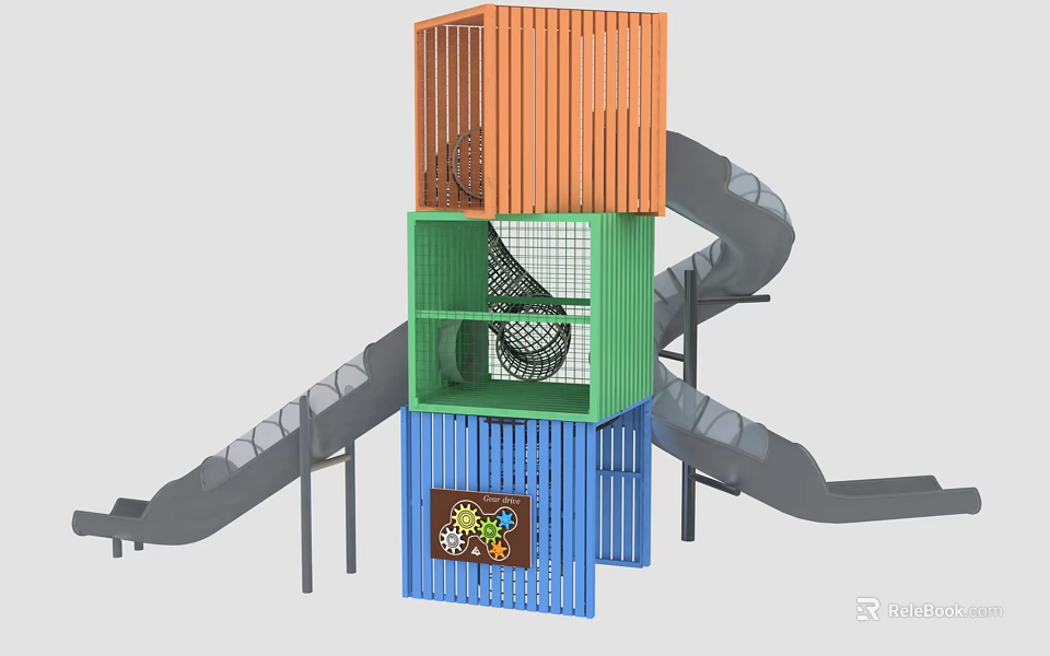 Colorful Multi Level Playground Equipment With Slides Climbing Net And Wooden Panels 3d model 