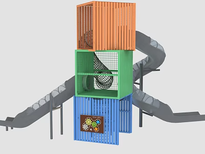 Colorful Multi Level Playground Equipment With Slides Climbing Net And Wooden Panels 3d model