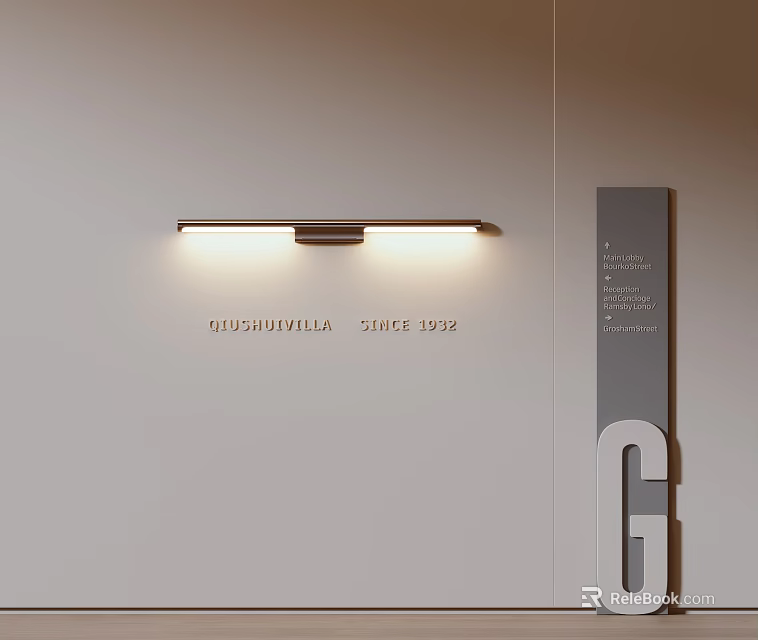 Modern Minimalist Wall Lamp On Light Wall With GUDUMVILLA Sign And Letter G 3d model 