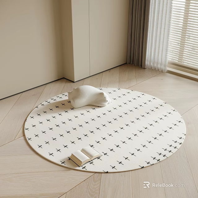 Round Rug with Black Cross Patterns White Cushion and Open Book on Light Wooden Floor 3d model 