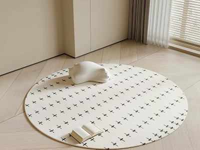 Round Rug with Black Cross Patterns White Cushion and Open Book on Light Wooden Floor 3d model