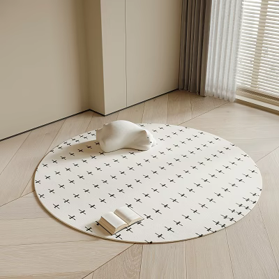 Round Rug with Black Cross Patterns White Cushion and Open Book on Light Wooden Floor 3d model