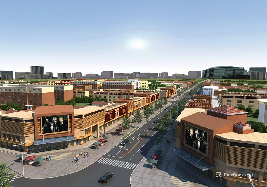 Vibrant Sunlit Commercial Street With Modern Multi Story Buildings Pedestrians Shops And Cars 3d model 