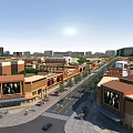Vibrant Sunlit Commercial Street With Modern Multi Story Buildings Pedestrians Shops And Cars