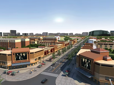 Vibrant Sunlit Commercial Street With Modern Multi Story Buildings Pedestrians Shops And Cars 3d model