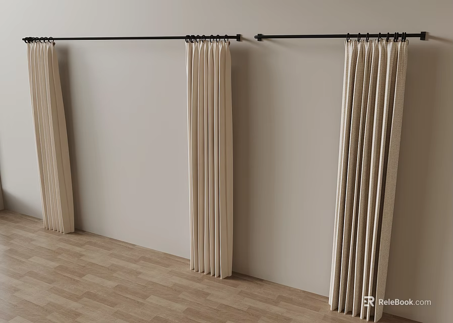 Light Colored Fabric Curtains Hanging On Rods Against White Walls And Wooden Floor 3d model 