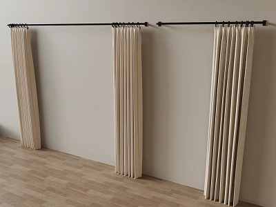 Light Colored Fabric Curtains Hanging On Rods Against White Walls And Wooden Floor 3d model