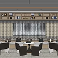 Casual Lounge Area Interior Featuring Brick Wall Design Tables Chairs And Decorative Shelves