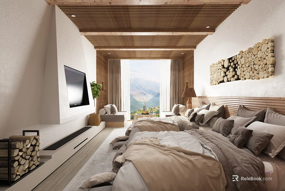 Hotel Guest Room Featuring Wooden Ceiling TV Sofa Mountain View Bed And Plush Pillows 3d model 