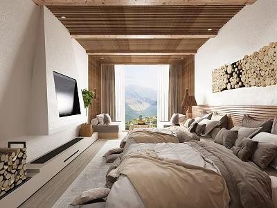 Hotel Guest Room Featuring Wooden Ceiling TV Sofa Mountain View Bed And Plush Pillows 3d model