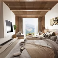 Hotel Guest Room Featuring Wooden Ceiling TV Sofa Mountain View Bed And Plush Pillows
