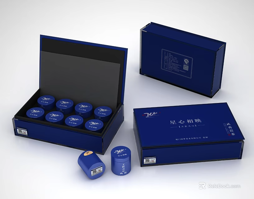 Blue Decorative Ornament Set With Open Closed Boxes And Cylindrical Pieces 3d model 