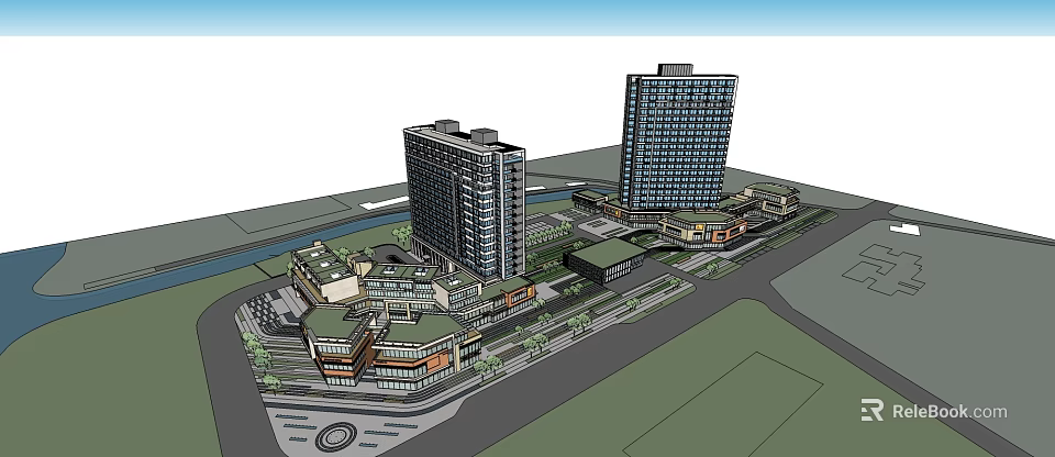 Modern 3D Architectural Model Featuring High Rise Low Rise Buildings Road And Green Landscaping 3d model 