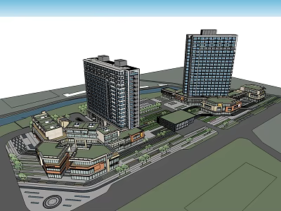 Modern 3D Architectural Model Featuring High Rise Low Rise Buildings Road And Green Landscaping 3d model