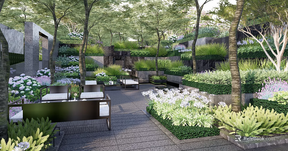 Residential Landscape Featuring Layered Greenery Trees Lawns Flowers Stone Pathways Outdoor Seating And Relaxation Areas 3d model 