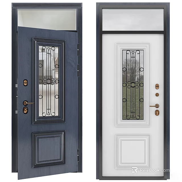 Elegant Blue and White Hinged Doors Design With Decorative Glass Panels Metal Handles And Locks 3d model 