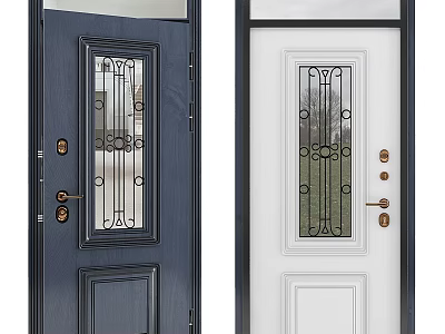 Elegant Blue and White Hinged Doors Design With Decorative Glass Panels Metal Handles And Locks 3d model