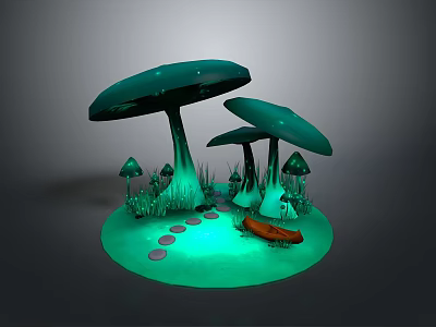 Bonsai Pot With Green Mushrooms Grass Stone Path And Small Boat 3d model