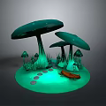 Bonsai Pot With Green Mushrooms Grass Stone Path And Small Boat