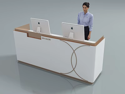 Modern White Reception Desk With Wooden Edge Two Computer Monitors And Staff Member 3d model