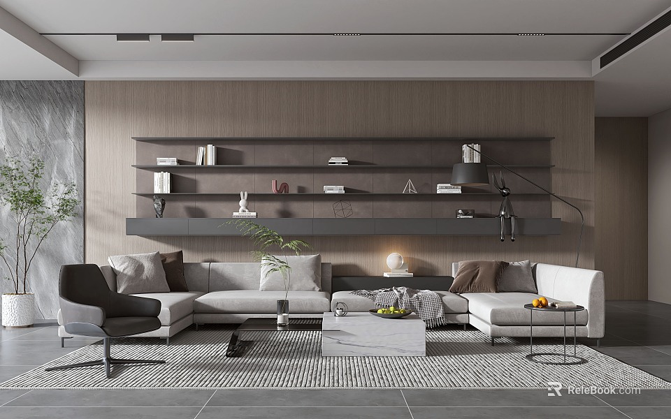 Modern Minimalist Living Room with Gray Sofa Wooden Shelves Decorations Gray Rug and Black Armchair 3d model 