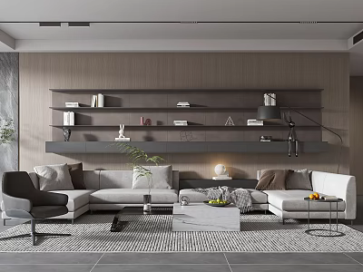 Modern Minimalist Living Room with Gray Sofa Wooden Shelves Decorations Gray Rug and Black Armchair 3d model