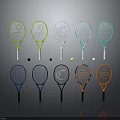 Colorful Tennis Rackets with Various Designs and Tennis Balls on