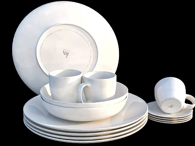 Elegant White Kitchenware Set With Stacked Plates Cups And Bowls 3d model