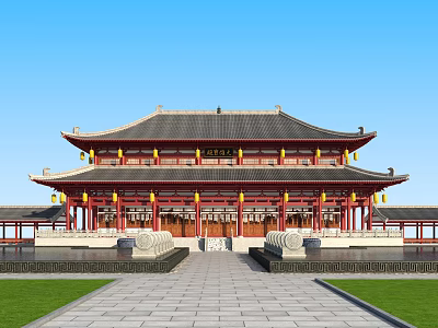 Ancient Chinese Architecture With Curved Roofs Red Columns Yellow Lanterns And Stone Lions 3d model