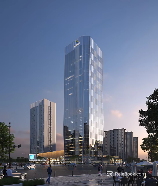 Tall modern office building featuring glass facade with surrounding buildings and trees under sunset sky 3d model 