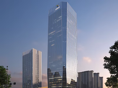Tall modern office building featuring glass facade with surrounding buildings and trees under sunset sky 3d model