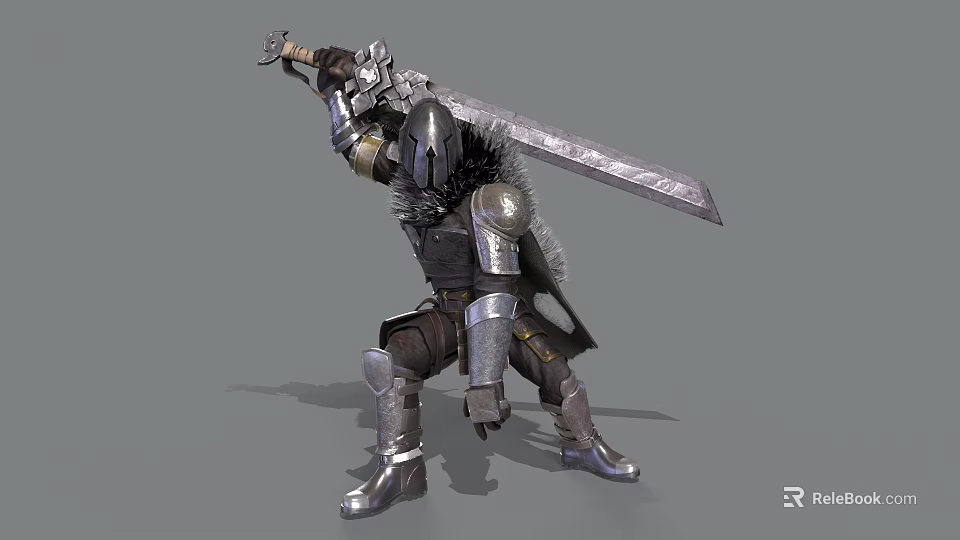 Man In Medieval Steel Armor Wielding Large Sword In Battle Stance 3d model 