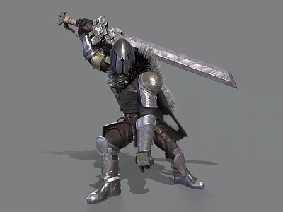 Man In Medieval Steel Armor Wielding Large Sword In Battle Stance 3d model