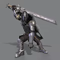 Man In Medieval Steel Armor Wielding Large Sword In Battle Stance