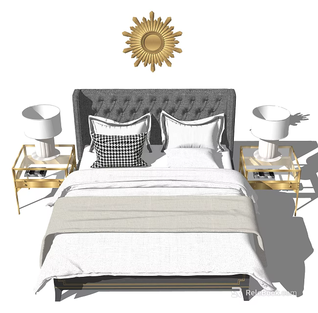 Double Bed With Gray Tufted Headboard White Bedding And Gold Sunburst Decor 3d model